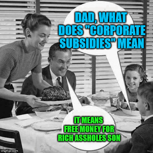 https://www.businessinsider.com/trump-gm-subsidies-layoff-factory-closing-threatens-subsidy-cuts-2018-11 | DAD, WHAT DOES "CORPORATE SUBSIDIES" MEAN; IT MEANS FREE MONEY FOR RICH ASSHOLES SON | image tagged in what does x mean dad | made w/ Imgflip meme maker