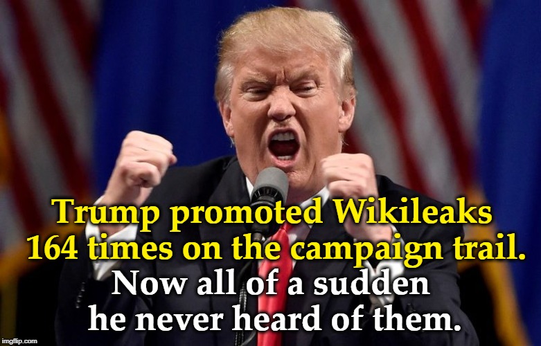 Assange who? | Trump promoted Wikileaks 164 times on the campaign trail. Now all of a sudden he never heard of them. | image tagged in trump,wikileaks,julian assange,russia,mueller | made w/ Imgflip meme maker