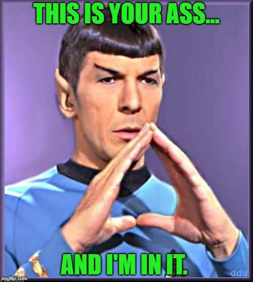 Spock was a Scumdog Warrior | THIS IS YOUR ASS... AND I'M IN IT. | image tagged in spock,gwar | made w/ Imgflip meme maker