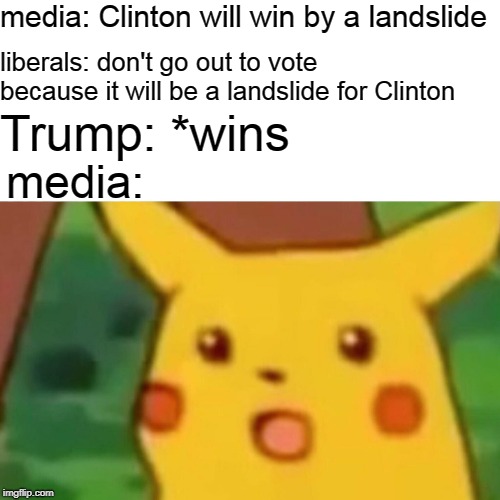 Surprised Pikachu | media: Clinton will win by a landslide; liberals: don't go out to vote because it will be a landslide for Clinton; Trump: *wins; media: | image tagged in memes,surprised pikachu | made w/ Imgflip meme maker