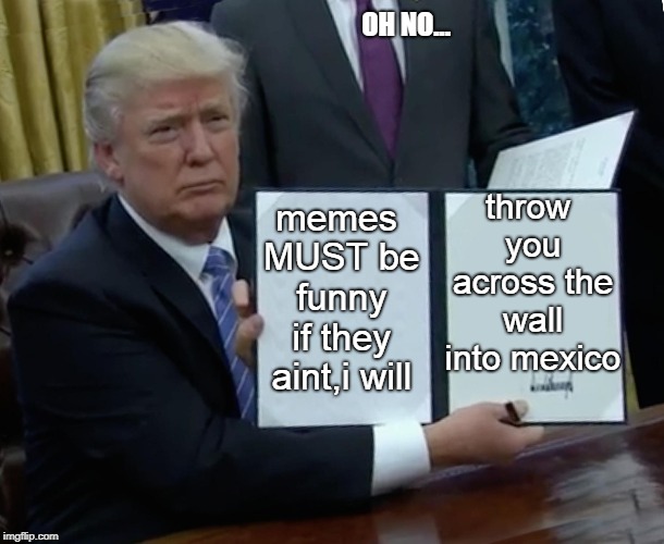 Trump Bill Signing Meme | OH NO... throw you across the wall into mexico; memes MUST be funny if they aint,i will | image tagged in memes,trump bill signing | made w/ Imgflip meme maker