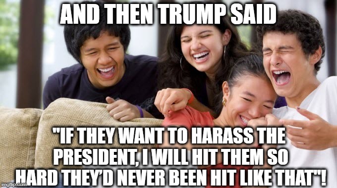 Too Funny! | AND THEN TRUMP SAID; "IF THEY WANT TO HARASS THE PRESIDENT, I WILL HIT THEM SO HARD THEY’D NEVER BEEN HIT LIKE THAT"! | image tagged in donald trump,fake president,traitor,treason,impeach,funny | made w/ Imgflip meme maker