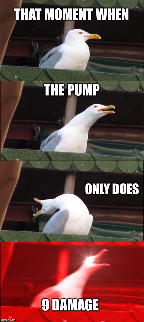 Inhaling Seagull Meme | THAT MOMENT WHEN; THE PUMP; ONLY DOES; 9 DAMAGE | image tagged in memes,inhaling seagull | made w/ Imgflip meme maker