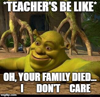 shreck | *TEACHER'S BE LIKE*; OH, YOUR FAMILY DIED...      I       DON'T     CARE | image tagged in shreck | made w/ Imgflip meme maker