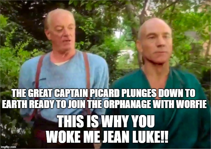 Picards Parade | THE GREAT CAPTAIN PICARD PLUNGES DOWN TO EARTH READY TO JOIN THE ORPHANAGE WITH WORFIE THIS IS WHY YOU WOKE ME JEAN LUKE!! | image tagged in picards parade | made w/ Imgflip meme maker