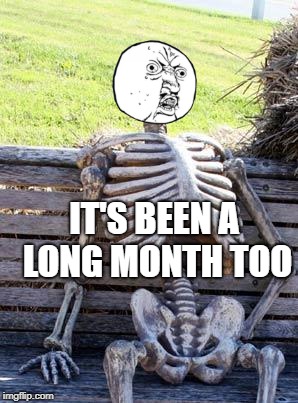 Waiting Skeleton Meme | IT'S BEEN A LONG MONTH TOO | image tagged in memes,waiting skeleton | made w/ Imgflip meme maker