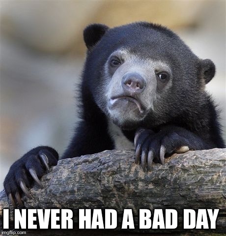 Confession Bear Meme | I NEVER HAD A BAD DAY | image tagged in memes,confession bear | made w/ Imgflip meme maker