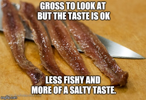 GROSS TO LOOK AT BUT THE TASTE IS OK LESS FISHY AND MORE OF A SALTY TASTE. | made w/ Imgflip meme maker