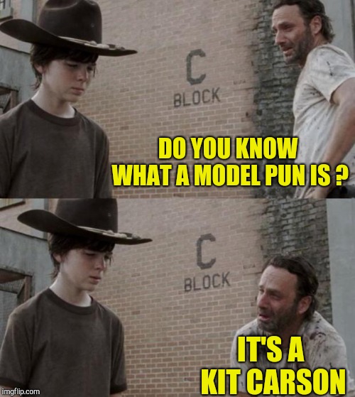 Some dumb pun | DO YOU KNOW WHAT A MODEL PUN IS ? IT'S A KIT CARSON | image tagged in memes,rick and carl,bad pun | made w/ Imgflip meme maker