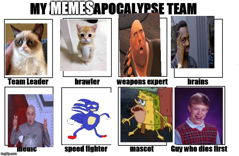 My team of memes  | MEMES | image tagged in my zombie apocalypse team | made w/ Imgflip meme maker
