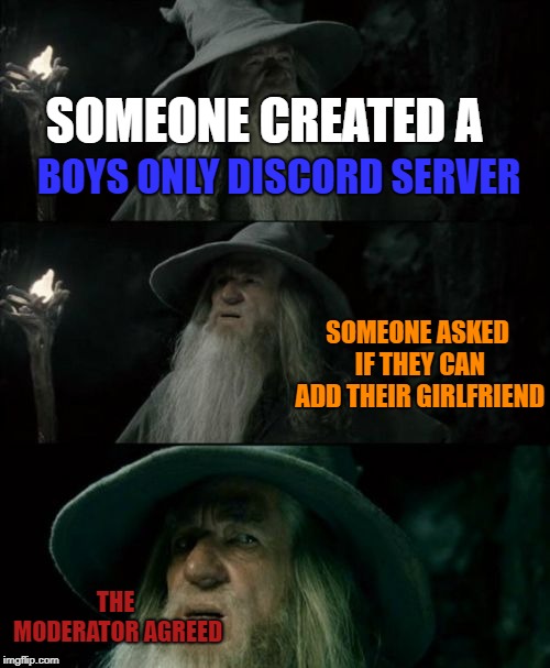 Confused boys | SOMEONE CREATED A; BOYS ONLY DISCORD SERVER; SOMEONE ASKED IF THEY CAN ADD THEIR GIRLFRIEND; THE MODERATOR AGREED | image tagged in memes,confused gandalf,discord,girlfriends | made w/ Imgflip meme maker