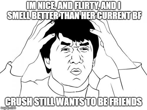 Jackie Chan WTF Meme | IM NICE, AND FLIRTY, AND I SMELL BETTER THAN HER CURRENT BF; CRUSH STILL WANTS TO BE FRIENDS | image tagged in memes,jackie chan wtf | made w/ Imgflip meme maker