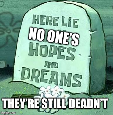Here Lie My Hopes And Dreams | THEY’RE STILL DEADN’T NO ONE’S | image tagged in here lie my hopes and dreams | made w/ Imgflip meme maker