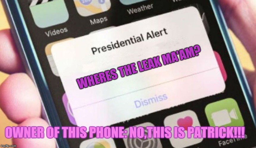 LEEDLE LEDDLE LEDDLE LEE.. XDD | WHERES THE LEAK MA'AM? OWNER OF THIS PHONE: NO,THIS IS PATRICK!!! | image tagged in memes,presidential alert | made w/ Imgflip meme maker