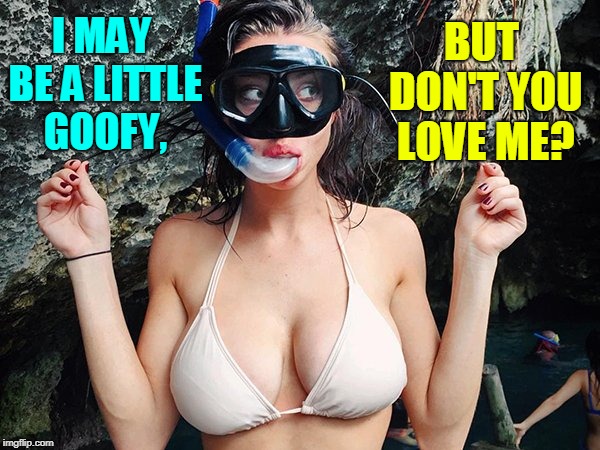 Goofy Girls Meme Series #2: the swimmer | I MAY BE A LITTLE GOOFY, BUT DON'T YOU LOVE ME? | image tagged in vince vance,goofy girls,girl in a bathing suit,snorkeling,pretending to be swimming,nice titties | made w/ Imgflip meme maker