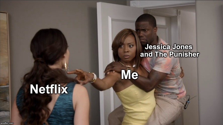 When You Hear Netflix Cancelled Daredevil | Jessica Jones and The Punisher; Me; Netflix | image tagged in marvel,marvel cinematic universe,daredevil,netflix,jessica jones,punisher | made w/ Imgflip meme maker