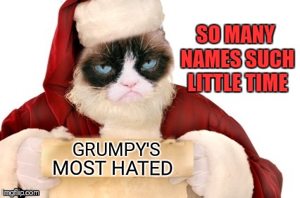Grumpy Santa's List | SO MANY NAMES SUCH LITTLE TIME; GRUMPY'S; MOST HATED | image tagged in memes,funny,grumpy cat,christmas,santa naughty list,44colt | made w/ Imgflip meme maker