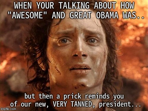 Thanks person... FOR BEING SA PRICK, I WANT MY OLD PRESIDENT BACK, NOT THAT BIH NIBBA!!!
 | WHEN YOUR TALKING ABOUT HOW "AWESOME" AND GREAT OBAMA WAS.. but then a prick reminds you of our new, VERY TANNED, president... | image tagged in memes,its finally over | made w/ Imgflip meme maker