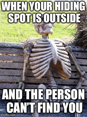 Waiting Skeleton Meme | WHEN YOUR HIDING SPOT IS OUTSIDE; AND THE PERSON CAN’T FIND YOU | image tagged in memes,waiting skeleton | made w/ Imgflip meme maker