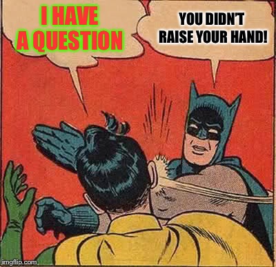 Every Teacher
 | I HAVE A QUESTION; YOU DIDN’T RAISE YOUR HAND! | image tagged in memes,batman slapping robin | made w/ Imgflip meme maker