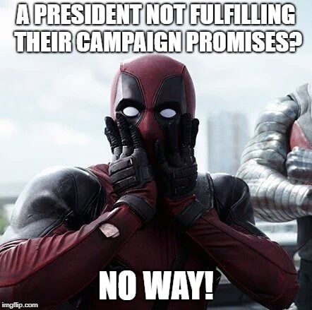 Surprise Sarcasm | A PRESIDENT NOT FULFILLING THEIR CAMPAIGN PROMISES? NO WAY! | image tagged in memes,deadpool surprised,politics,imgflip | made w/ Imgflip meme maker
