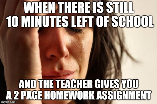 First World Problems Meme | WHEN THERE IS STILL 10 MINUTES LEFT OF SCHOOL; AND THE TEACHER GIVES YOU A 2 PAGE HOMEWORK ASSIGNMENT | image tagged in memes,first world problems | made w/ Imgflip meme maker