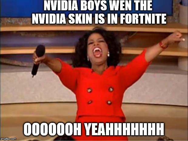 Oprah You Get A Meme | NVIDIA BOYS WEN THE NVIDIA SKIN IS IN FORTNITE; OOOOOOH YEAHHHHHHH | image tagged in memes,oprah you get a | made w/ Imgflip meme maker