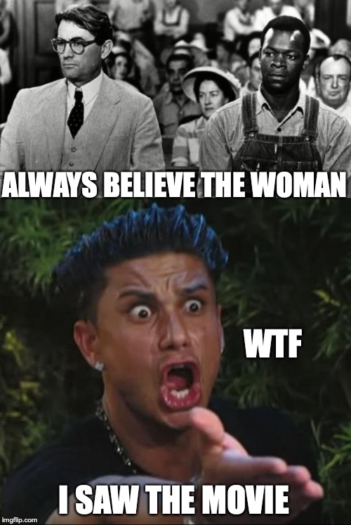 Injustice | ALWAYS BELIEVE THE WOMAN; WTF; I SAW THE MOVIE | image tagged in memes,dj pauly d,to kill a mockingbird,repost,spoof | made w/ Imgflip meme maker