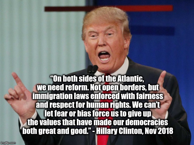 We need reform, not open borders | “On both sides of the Atlantic, we need reform. Not open borders, but immigration laws enforced with fairness and respect for human rights. We can’t let fear or bias force us to give up the values that have made our democracies both great and good.” - Hillary Clinton, Nov 2018 | image tagged in donald trump,hillary clinton,illegal immigration | made w/ Imgflip meme maker
