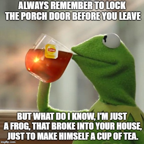 But That's None Of My Business Meme | ALWAYS REMEMBER TO LOCK THE PORCH DOOR BEFORE YOU LEAVE; BUT WHAT DO I KNOW, I'M JUST A FROG, THAT BROKE INTO YOUR HOUSE, JUST TO MAKE HIMSELF A CUP OF TEA. | image tagged in memes,but thats none of my business,kermit the frog | made w/ Imgflip meme maker