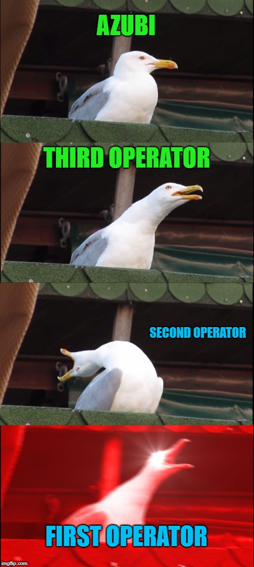 Inhaling Seagull | AZUBI; THIRD OPERATOR; SECOND OPERATOR; FIRST OPERATOR | image tagged in memes,inhaling seagull | made w/ Imgflip meme maker