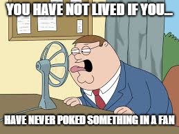YOU HAVE NOT LIVED IF YOU... HAVE NEVER POKED SOMETHING IN A FAN | image tagged in inserting things into a fan | made w/ Imgflip meme maker