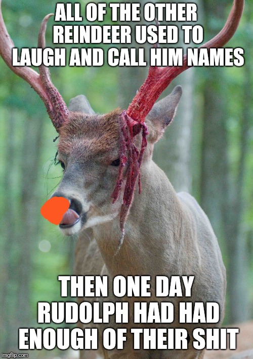 Santa's herd was never the same after that day | ALL OF THE OTHER REINDEER USED TO LAUGH AND CALL HIM NAMES; THEN ONE DAY RUDOLPH HAD HAD ENOUGH OF THEIR SHIT | image tagged in rudolph | made w/ Imgflip meme maker