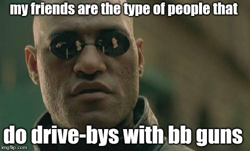 Matrix Morpheus | my friends are the type of people that; do drive-bys with bb guns | image tagged in memes,matrix morpheus | made w/ Imgflip meme maker