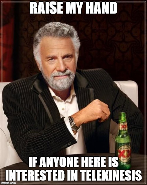 The Most Interesting Man In The World Meme | RAISE MY HAND; IF ANYONE HERE IS INTERESTED IN TELEKINESIS | image tagged in memes,the most interesting man in the world,funny,secret tag,funny memes | made w/ Imgflip meme maker