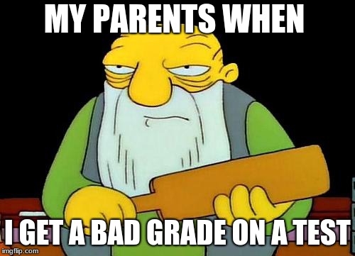 That's a paddlin' Meme | MY PARENTS WHEN; I GET A BAD GRADE ON A TEST | image tagged in memes,that's a paddlin' | made w/ Imgflip meme maker