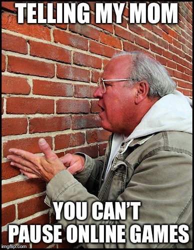 like talking to a brick wall 2 | TELLING MY MOM; YOU CAN’T PAUSE ONLINE GAMES | image tagged in like talking to a brick wall 2 | made w/ Imgflip meme maker