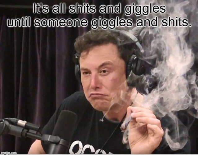 Elon Musk smoking a joint | It's all shits and giggles until someone giggles and shits. | image tagged in elon musk smoking a joint | made w/ Imgflip meme maker