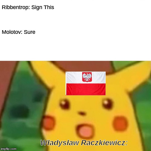 Surprised Pikachu | Ribbentrop: Sign This; Molotov: Sure; Władysław Raczkiewicz: | image tagged in memes,surprised pikachu | made w/ Imgflip meme maker