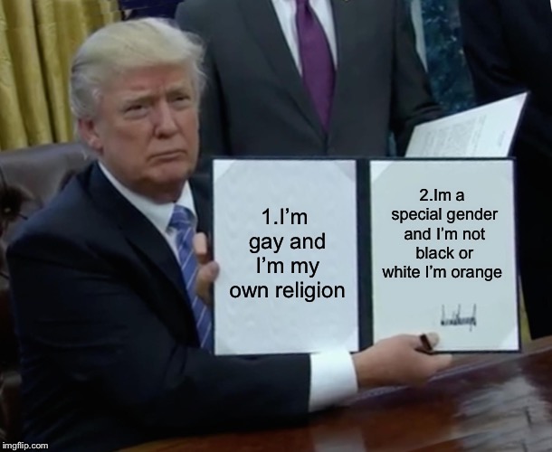 Trump Bill Signing Meme | 1.I’m gay and I’m my own religion; 2.Im a special gender and I’m not black or white I’m orange | image tagged in memes,trump bill signing | made w/ Imgflip meme maker