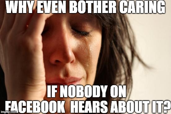 Why even bother? | WHY EVEN BOTHER CARING; IF NOBODY ON FACEBOOK
 HEARS ABOUT IT? | image tagged in memes,first world problems,facebook,virtue signalling | made w/ Imgflip meme maker