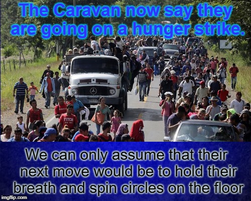 That'll teach their oppressors. The ones back home... where they left from... the place they didn't fight for... | The Caravan now say they are going on a hunger strike. We can only assume that their next move would be to hold their breath and spin circles on the floor | image tagged in caravan,illegal immigrants,politics,left wing,leftist,liberals | made w/ Imgflip meme maker