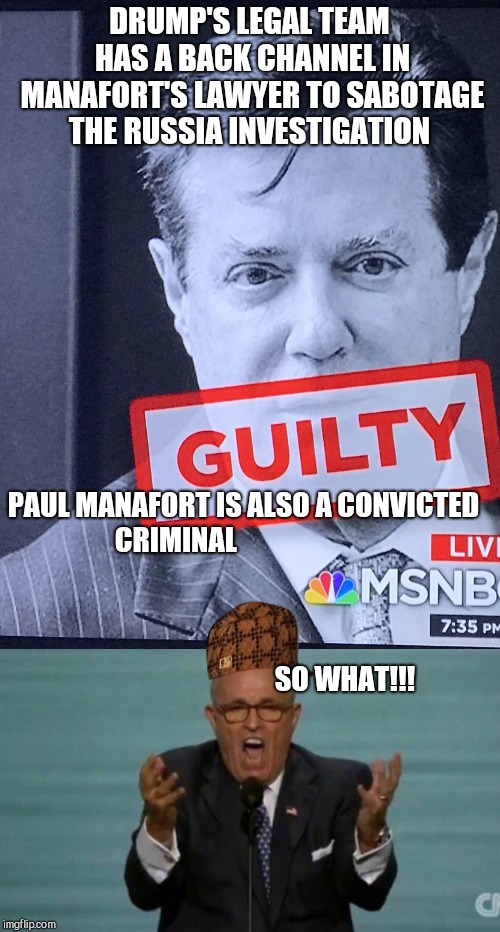 DRUMP'S LEGAL TEAM HAS A BACK CHANNEL IN MANAFORT'S LAWYER TO SABOTAGE THE RUSSIA INVESTIGATION; PAUL MANAFORT IS ALSO A CONVICTED CRIMINAL                                                                                                                        
                                                
       SO WHAT!!! | image tagged in loud rudy giuliani,paul manafort guilty,scumbag | made w/ Imgflip meme maker