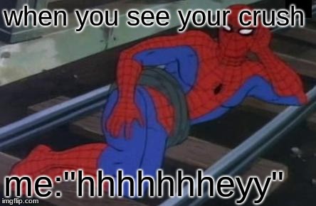 Sexy Railroad Spiderman | when you see your crush; me:"hhhhhhheyy" | image tagged in memes,sexy railroad spiderman,spiderman | made w/ Imgflip meme maker