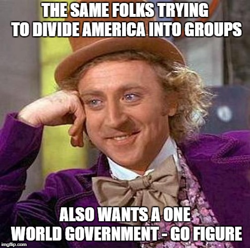 Creepy Condescending Wonka | THE SAME FOLKS TRYING TO DIVIDE AMERICA INTO GROUPS; ALSO WANTS A ONE WORLD GOVERNMENT - GO FIGURE | image tagged in memes,creepy condescending wonka | made w/ Imgflip meme maker