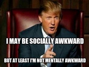 Donald Trump | I MAY BE SOCIALLY AWKWARD; BUT AT LEAST I'M NOT MENTALLY AWKWARD | image tagged in donald trump | made w/ Imgflip meme maker