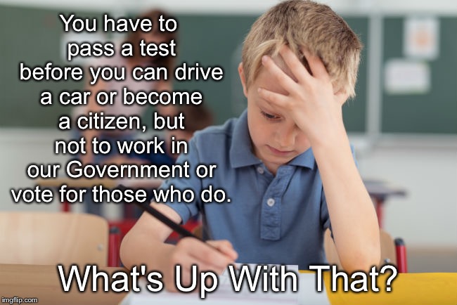 How Did We Get To This Point? | You have to pass a test before you can drive a car or become a citizen, but not to work in our Government or vote for those who do. What's Up With That? | image tagged in politics,exams,scumbag government | made w/ Imgflip meme maker