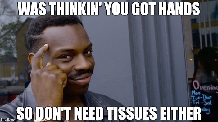 Roll Safe Think About It Meme | WAS THINKIN' YOU GOT HANDS SO DON'T NEED TISSUES EITHER | image tagged in memes,roll safe think about it | made w/ Imgflip meme maker