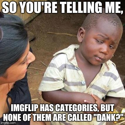 Third World Skeptical Kid Meme | SO YOU'RE TELLING ME, IMGFLIP HAS CATEGORIES, BUT NONE OF THEM ARE CALLED "DANK?" | image tagged in memes,third world skeptical kid | made w/ Imgflip meme maker
