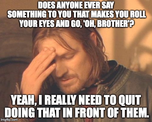 Frustrated Boromir | DOES ANYONE EVER SAY SOMETHING TO YOU THAT MAKES YOU ROLL YOUR EYES AND GO, 'OH, BROTHER'? YEAH, I REALLY NEED TO QUIT DOING THAT IN FRONT OF THEM. | image tagged in memes,frustrated boromir | made w/ Imgflip meme maker
